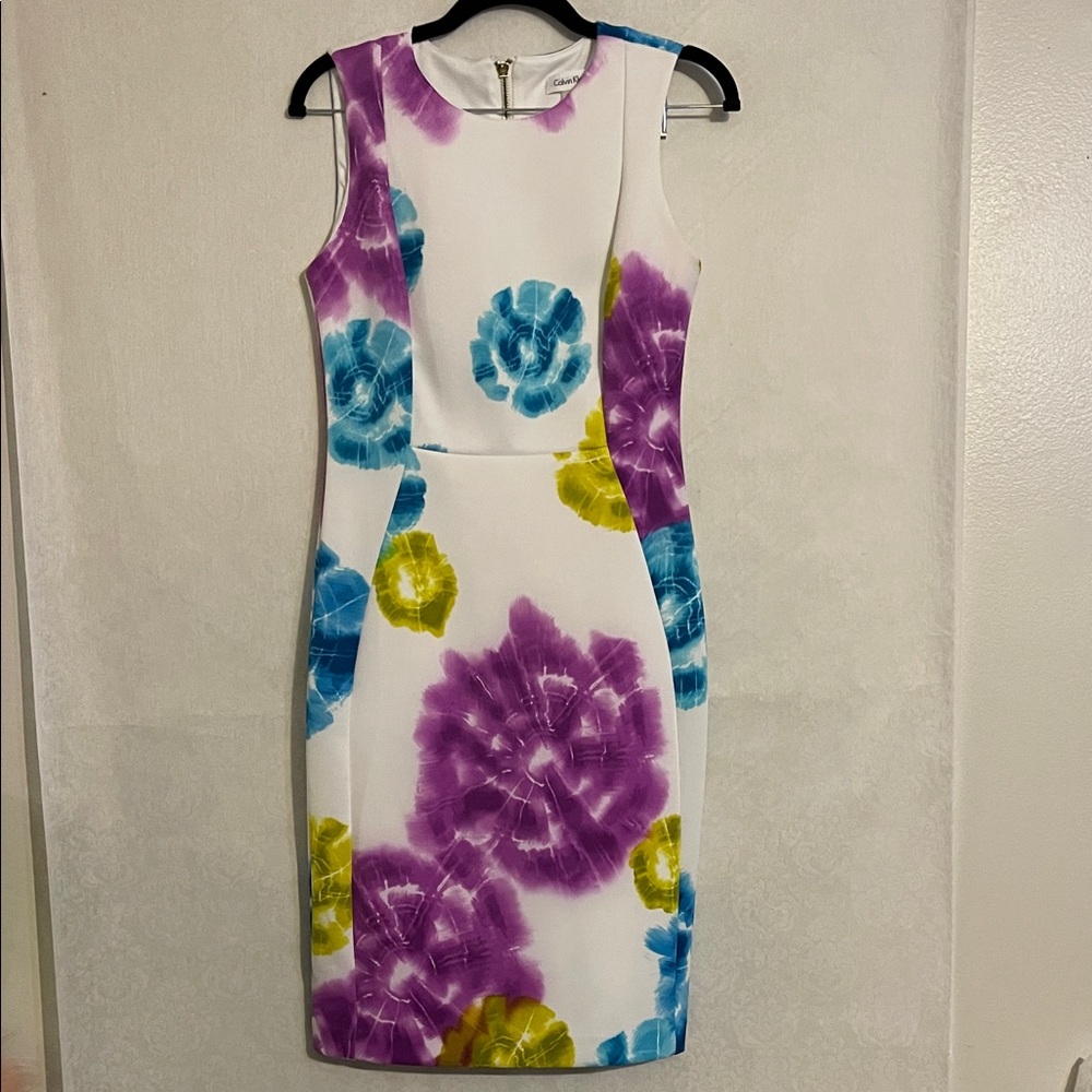 Calvin Klein Floral Midi Dress - White, Purple, Blue, Yellow